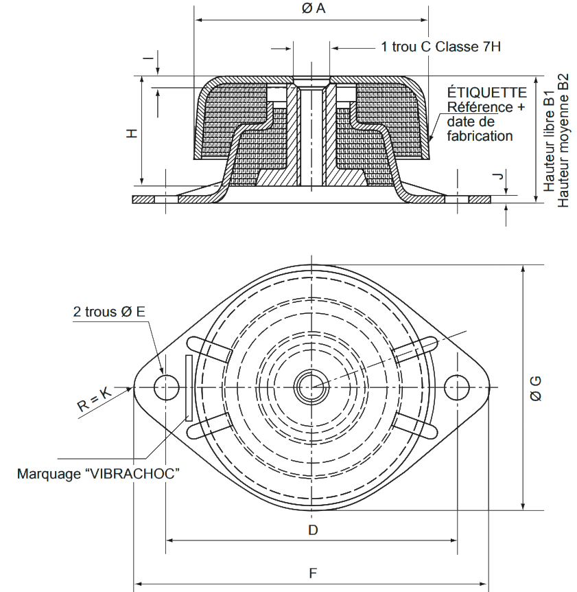 Schéma dimensions support antivibratoire SE131 Hutchinson Paulstra
